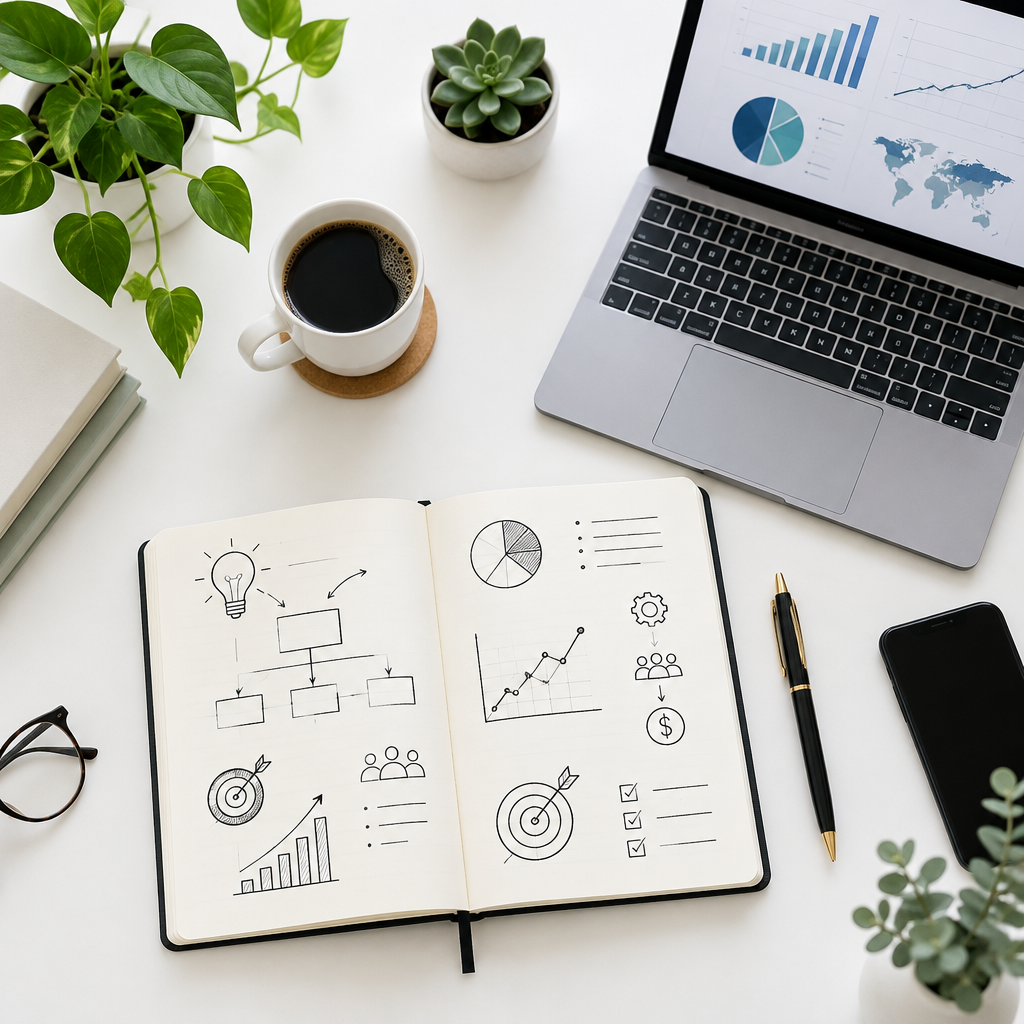 Entrepreneur workspace with business plan